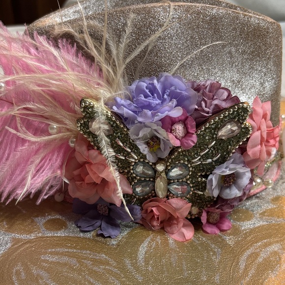 Hand Painted Boho Glam Festive Hat • Feather• Rhinestone • Butterfly • Floral - Picture 6 of 11